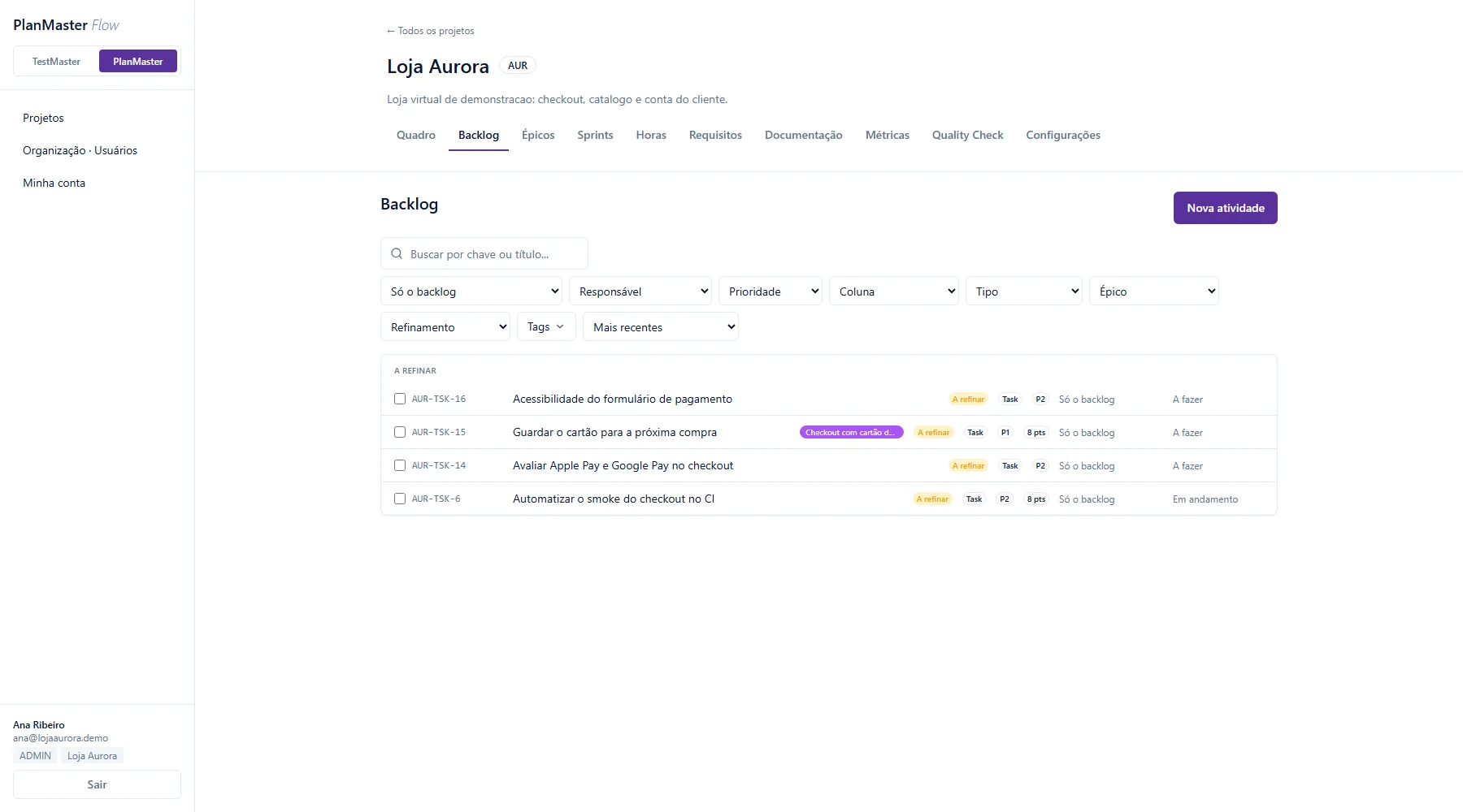 Backlog do PlanMaster com atividades a refinar e filtros